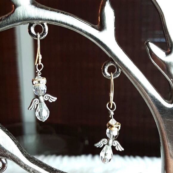 Crystal Beaded Angel Silver Dangle Earrings Handmade - Picture 4 of 4